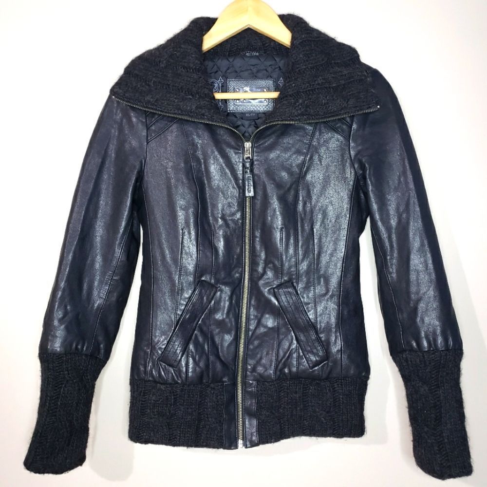 Mackage XSmall Black Lamb Leather Wool Alpaca Bomber Jacket
